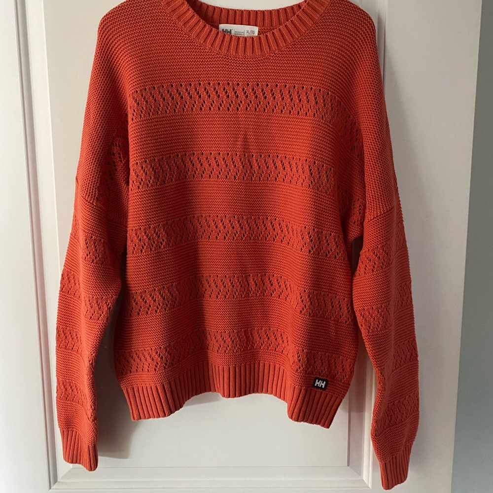 Helly Hansen Coral-Orange Open-Knit Crewneck Sweater
